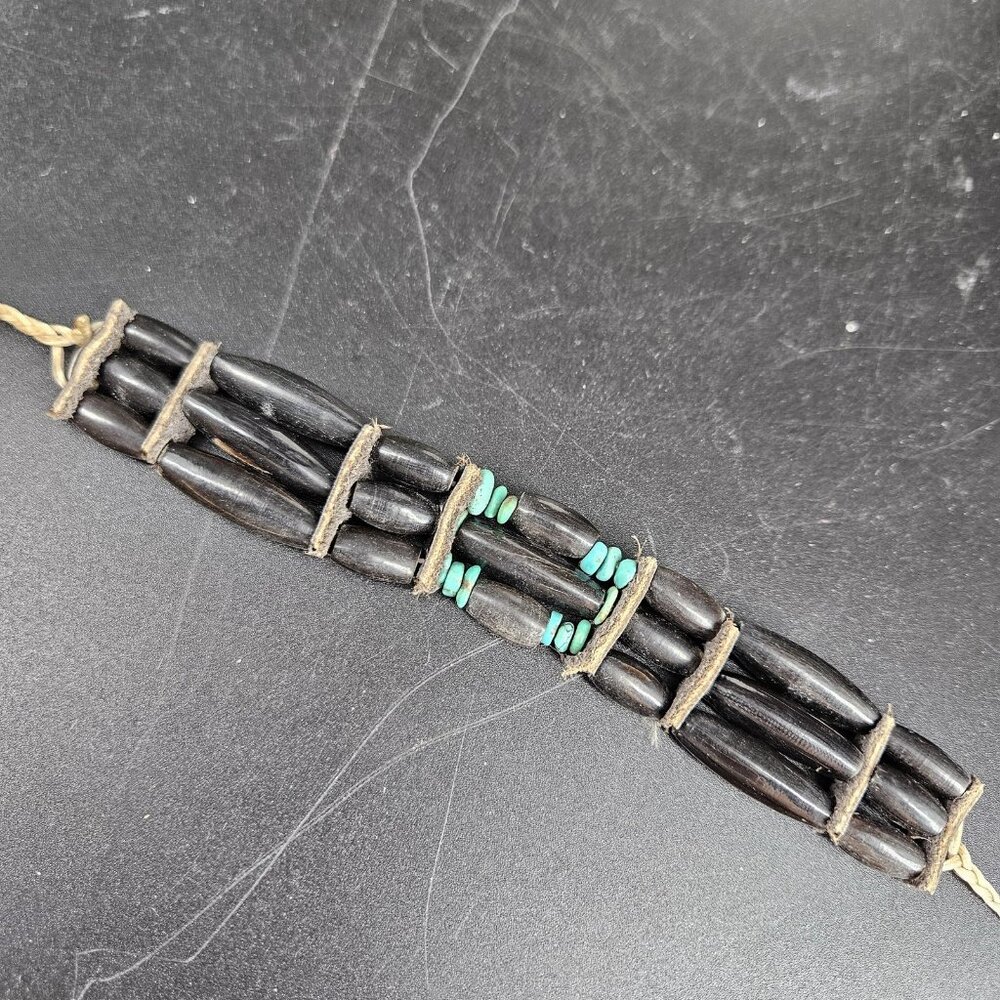 Turquoise Beaded Choker Necklace Womens Black Southwestern Leather Cord Boho - Picture 9 of 11